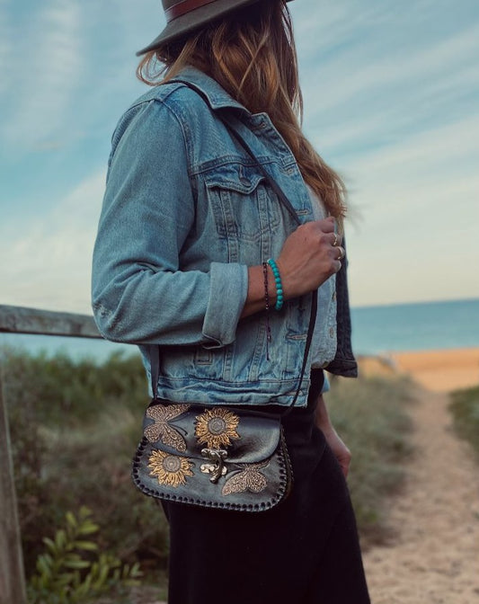 BUTTERFLY BAG, Sunflower Leather Bag, Hand painted bags, Mexican Purse