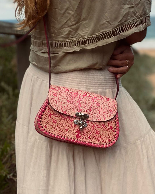 PINK HANDBAGS, Leather Bags, Hand painted bags, Mexican Purse, Colour