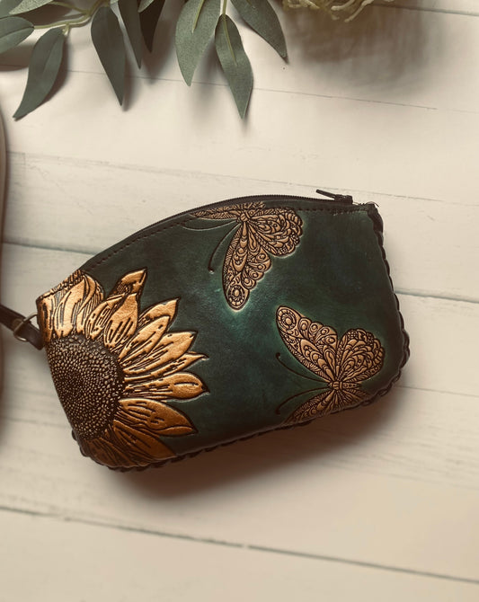 SUNFLOWER LEATHER PURSE, Hand tooled purse, Clutch Purses, Sunflowers