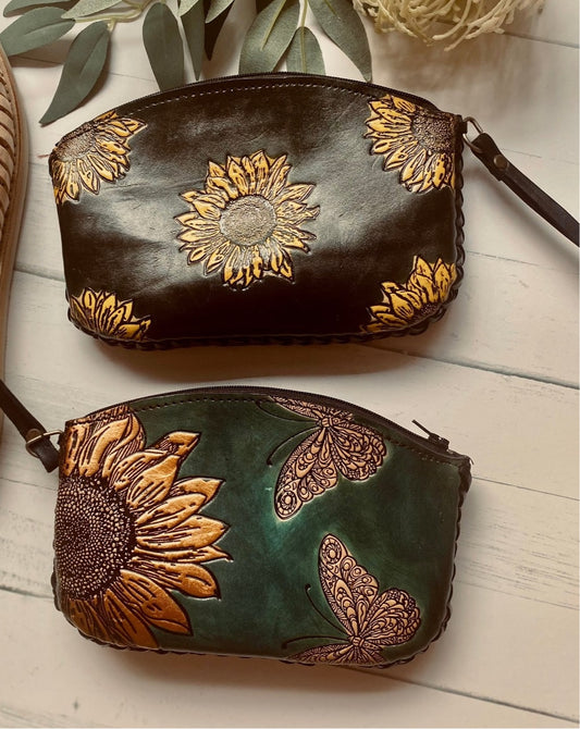 SUNFLOWER LEATHER PURSE, Hand tooled purse, Clutch Purses, Sunflowers